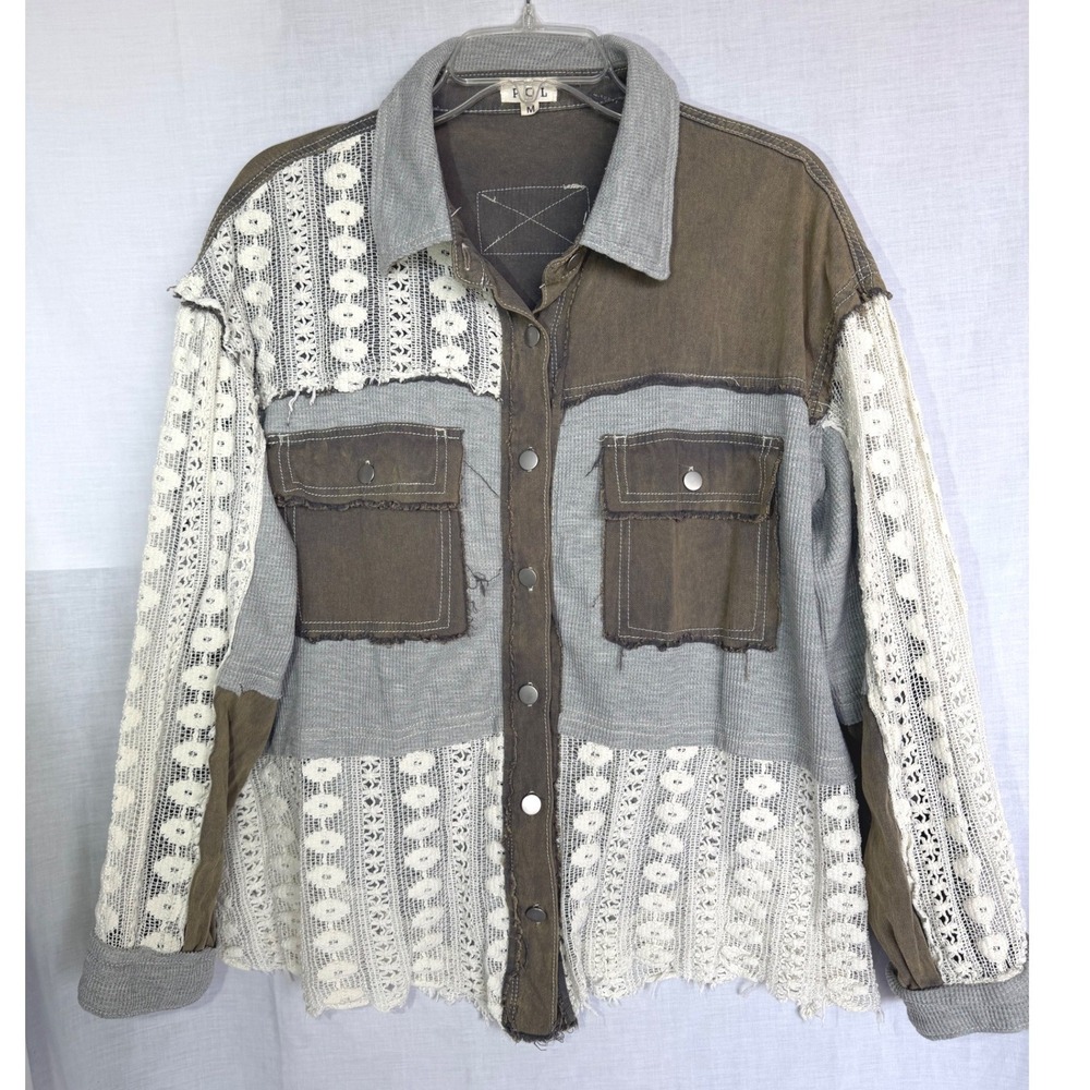 POL Mixed Media Shacket Olive Grey Crochet Lace Cottagecore Waffle Knit Medium